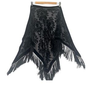 Black Burnout Velvet Fringe Shawl Wrap Scarf Black Sheer Witchycore Whimsigoth